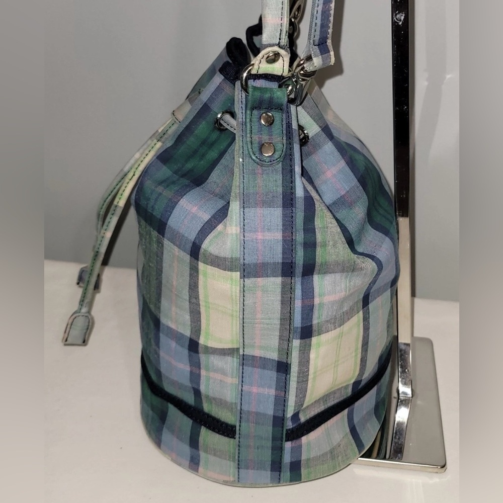 Vintage Tommy Hilfiger Plaid Drawstring Bucket Satchel Crossbody Bag Blue Green - Picture 4 of 16